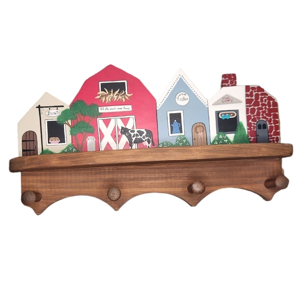 Country Wall Mounted Wood 4 Peg Shelf Hand Painted Town Scene Farm House Rustic - Picture 3 of 10